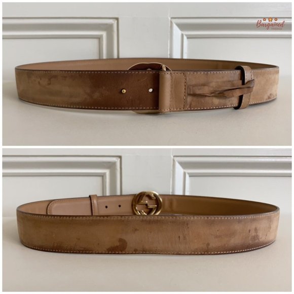 Authentic Gucci Beige Calfskin Leather Gold Interlocking G Buckle Belt 95/38 - Picture 6 of 13